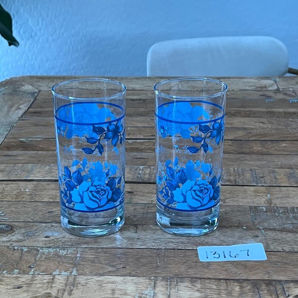 Corelle Blue Velvet 16 oz Glassware Tumblers Set of 2 6" Tall Blue Rose Pattern - Picture 6 of 6